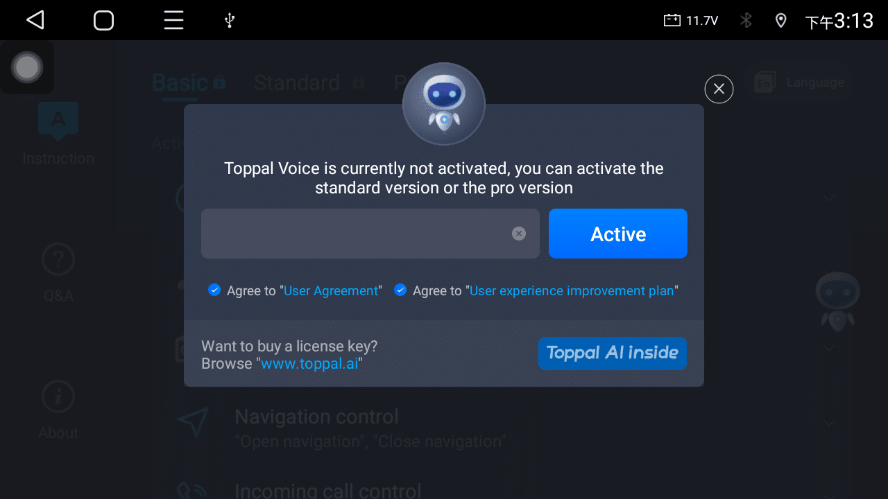 Экран активации приложения Toppal Voice, показывающий поле ввода кода активации